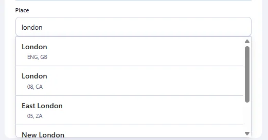 Place name search suggestions